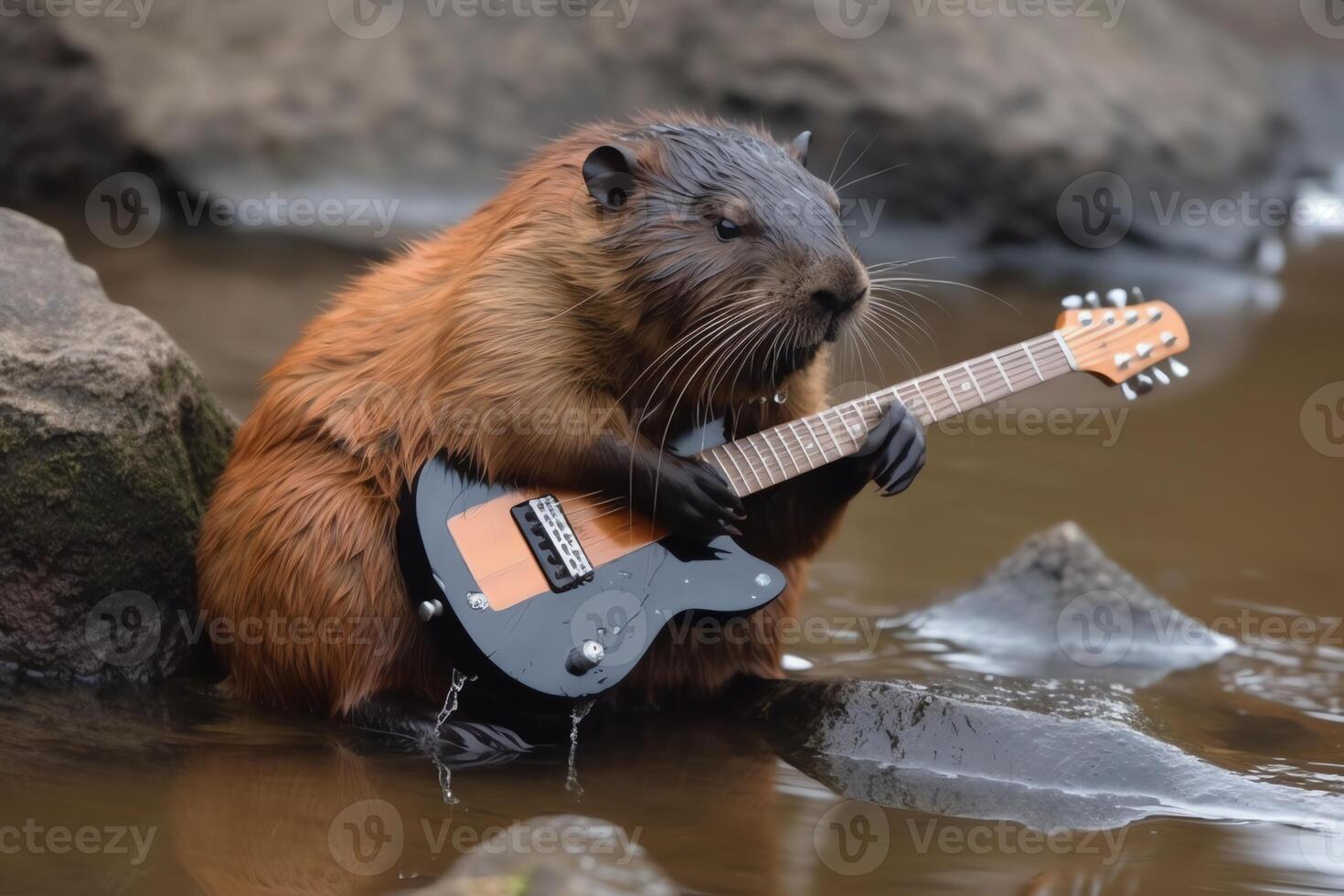 Guitarplaying beaver with an epic rock persona. photo