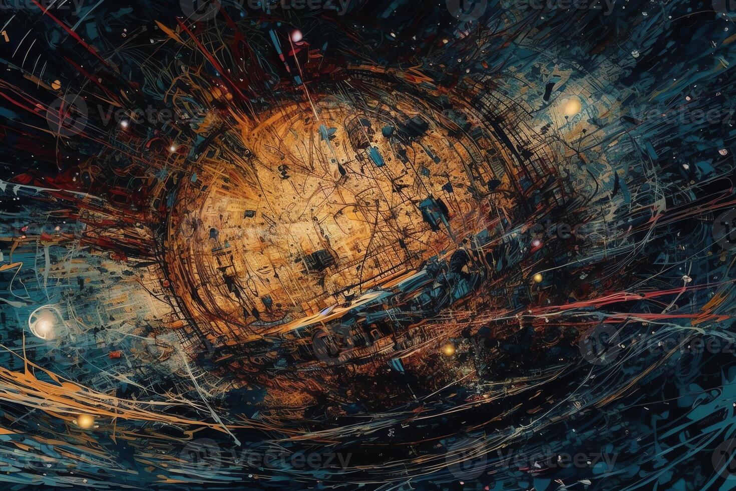 Neural network art depicts the view from the airplane cockpit during intergalactic travel or a spaceship battle. photo