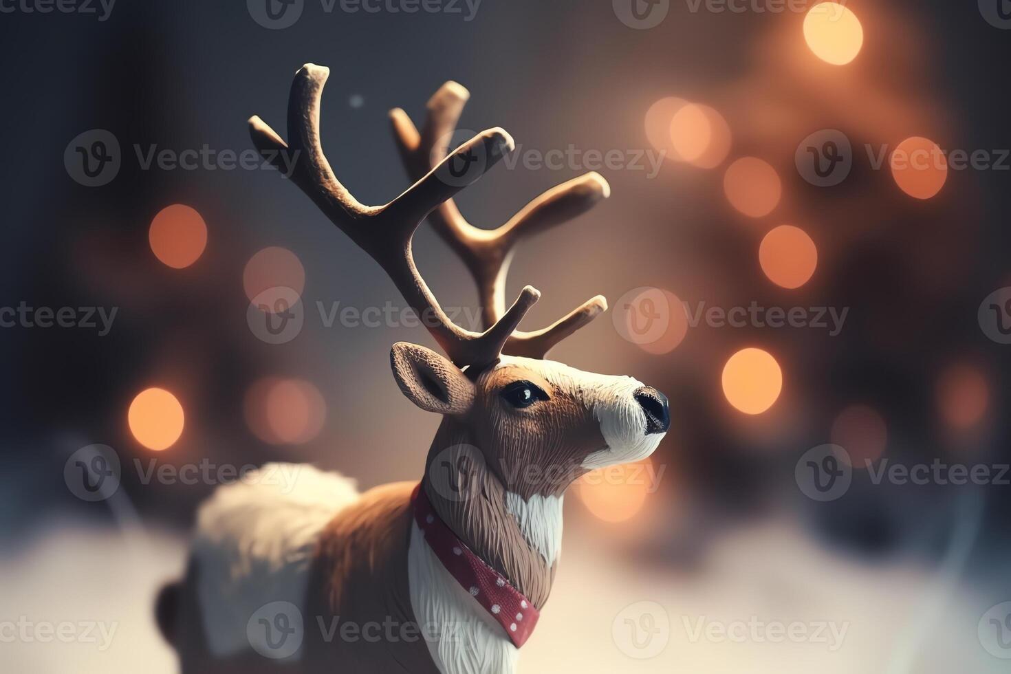 Holiday portrait of illustrated reindeer with Christmas hat blurred background Christmas holiday photo