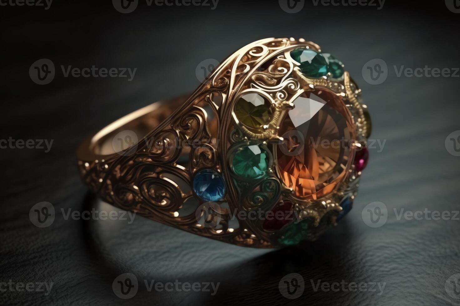 Expensive Vintage Ring With Big Gemstones And Neural Network Art. photo