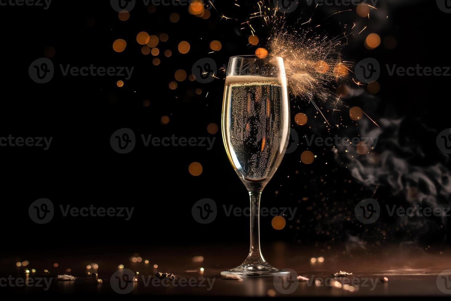 nuevo años celebracion uno champán vaso fuegos artificiales en el antecedentes. ai generado foto