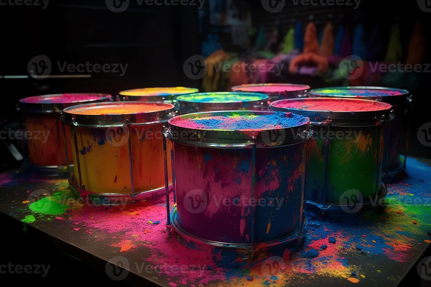 arco iris pintado tambores explotar con energía. ai generado foto