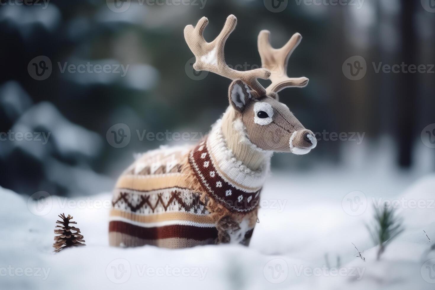 Deer in Christmas sweater with antler decorations and presents in snow holiday concept Christmas holiday photo