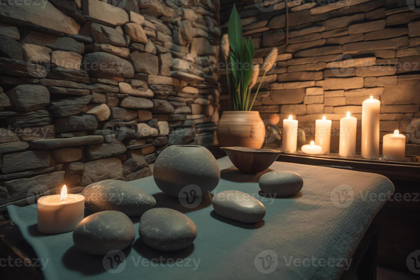 Natural Spa With Massage Stones Towels Candles And A Beautiful Backdrop