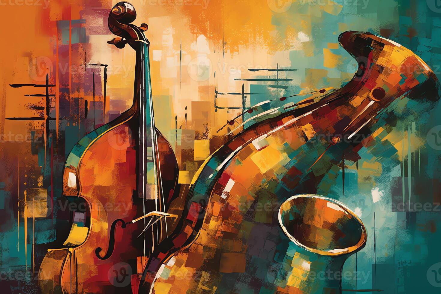 Abstract jazz art featuring trumpet contrabass saxophone and piano. photo