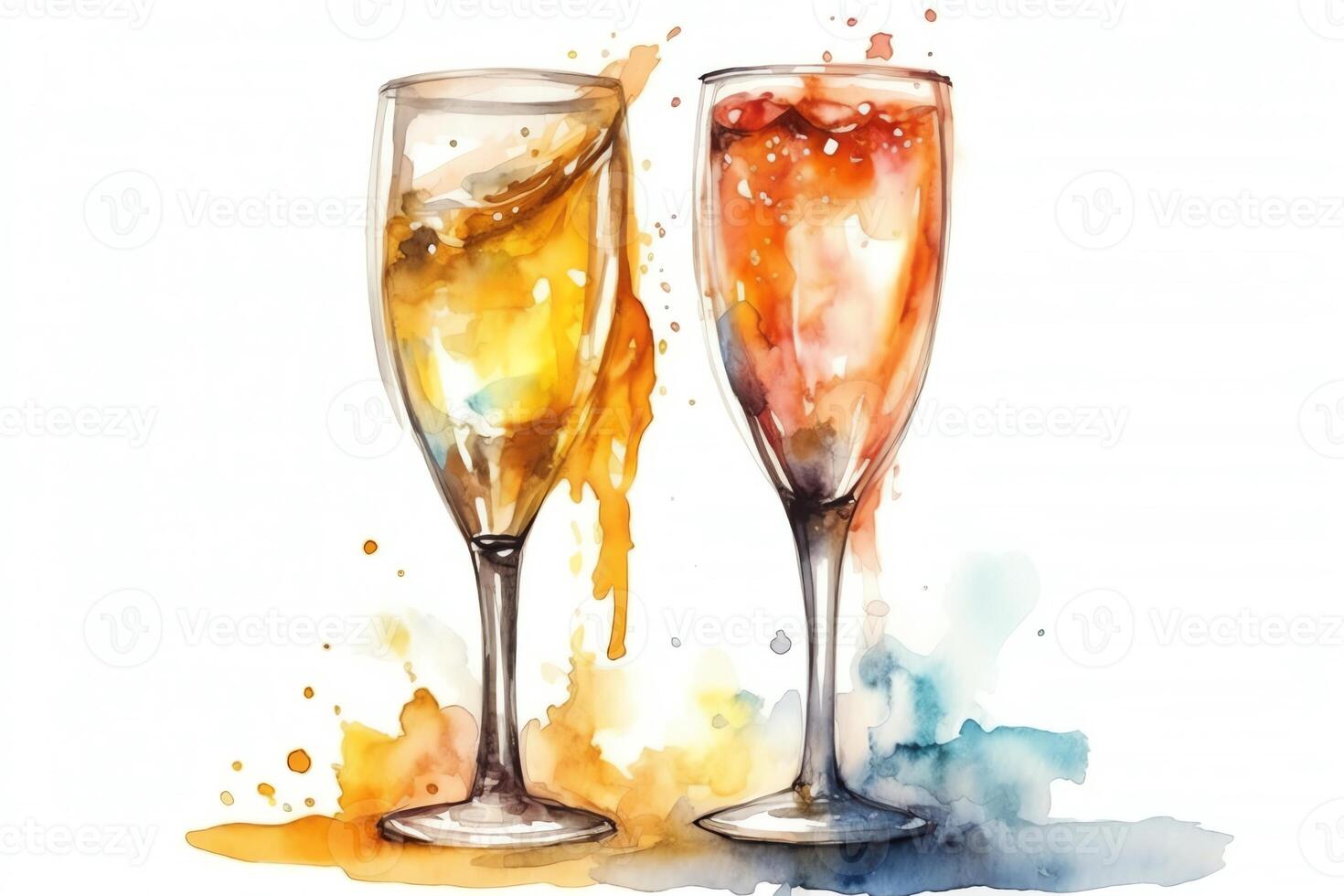 Watercolor Champagne Glasses Isolated On White Splashing. photo