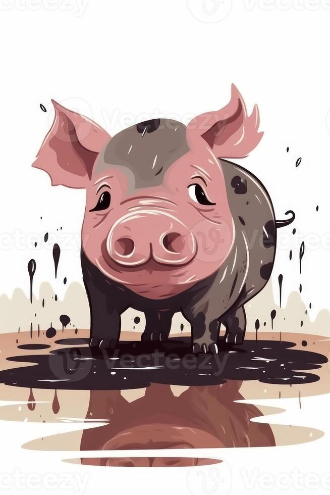 A little pig does not like mud on white background photo