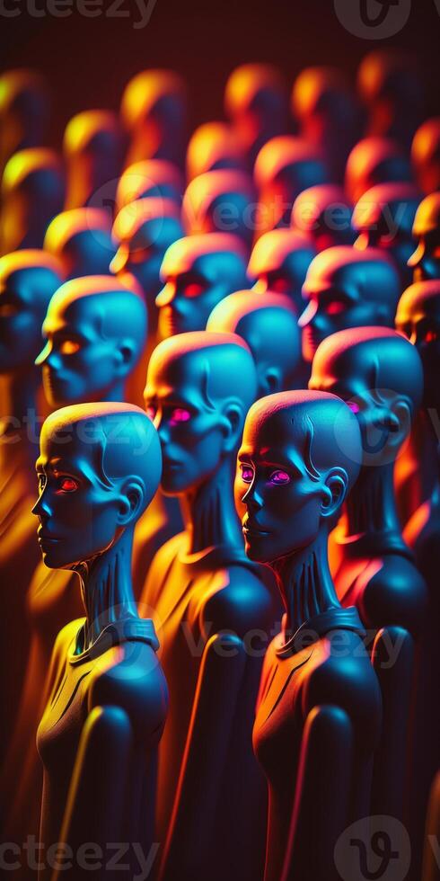 A huge crowd of mannequin clones soft lights 8K image photo