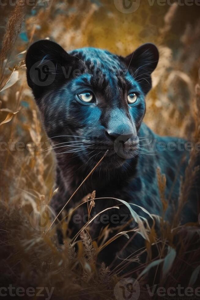 A photo of a black leopard cub in the grass