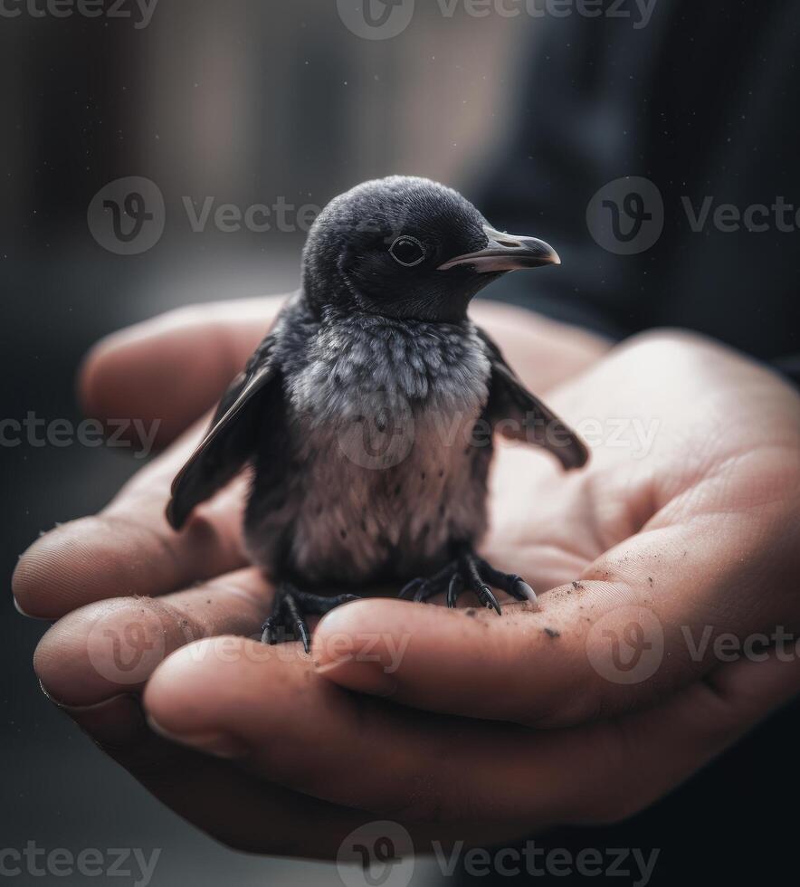 tiny penguin baby being held in his mother's hand photo