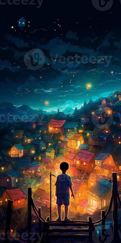 image of a kid on top of a ladder looking at the magical sky photo