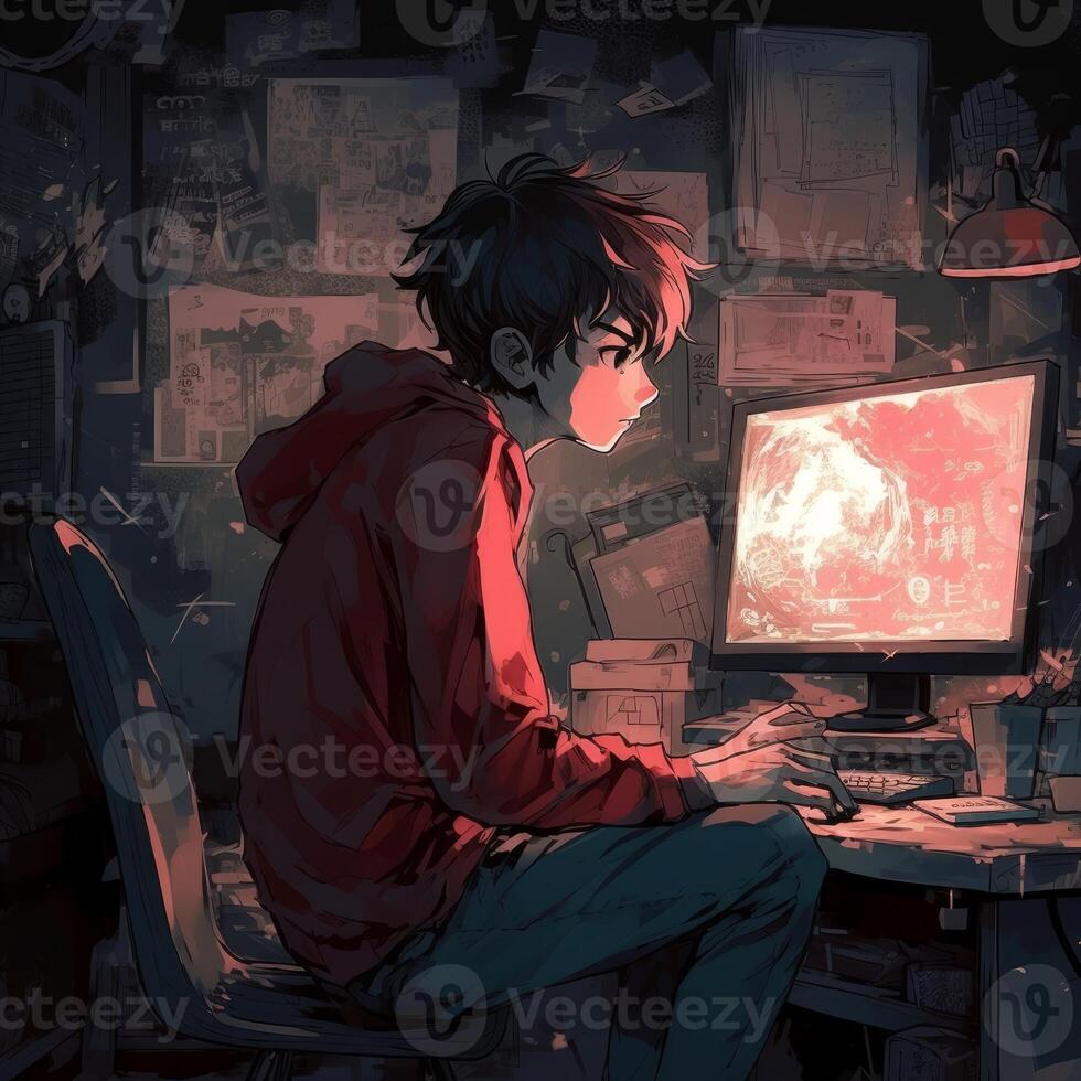 boy on computer with computer screen photo
