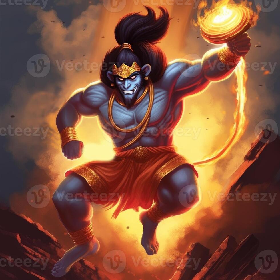 Illustration of Hindu God Hanuman in lanka burning lanka images also called Maruti and Bajrang bali is a Hindu god and a divine vanara companion of the god Rama photo