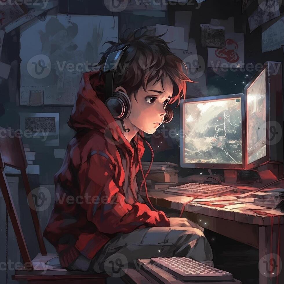 A boy in front of computer screen photo