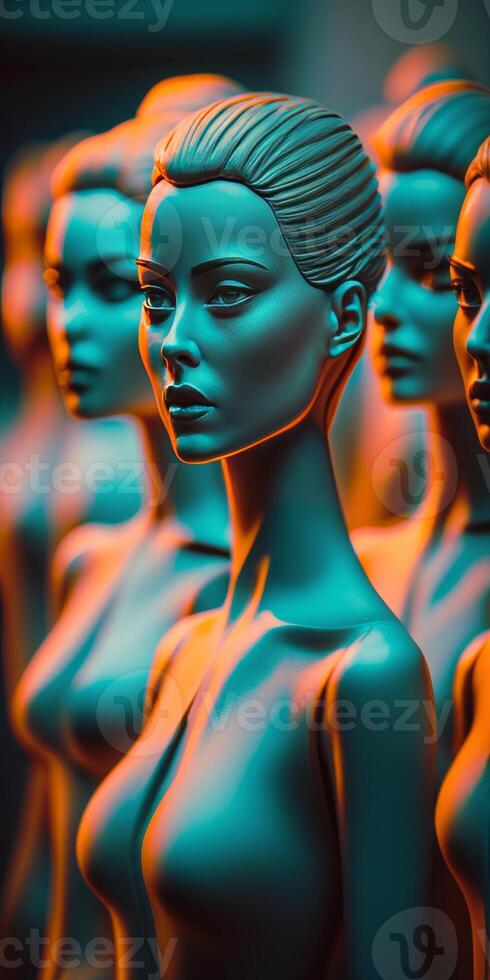 A crowd of mannequin clones soft lights 8K image photo