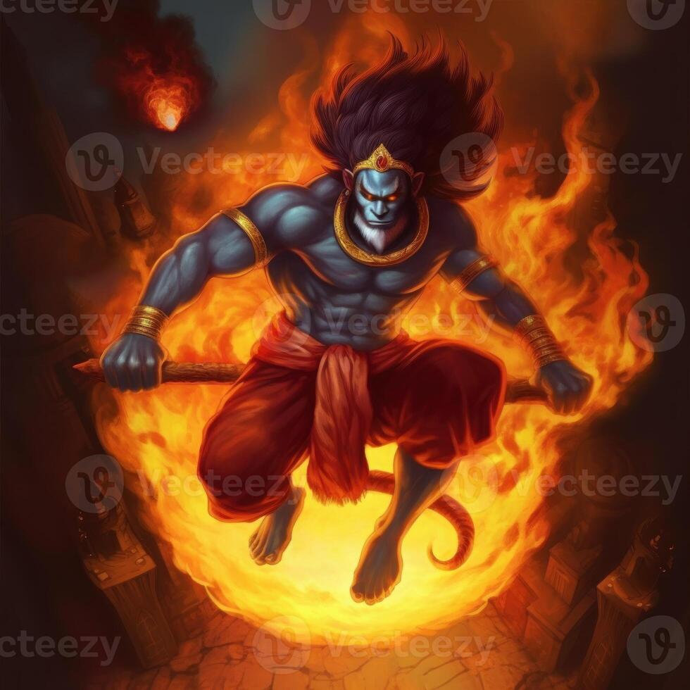 Illustration of Hindu God Hanuman in lanka burning lanka images also called Maruti and Bajrang bali is a Hindu god and a divine vanara companion of the god Rama photo