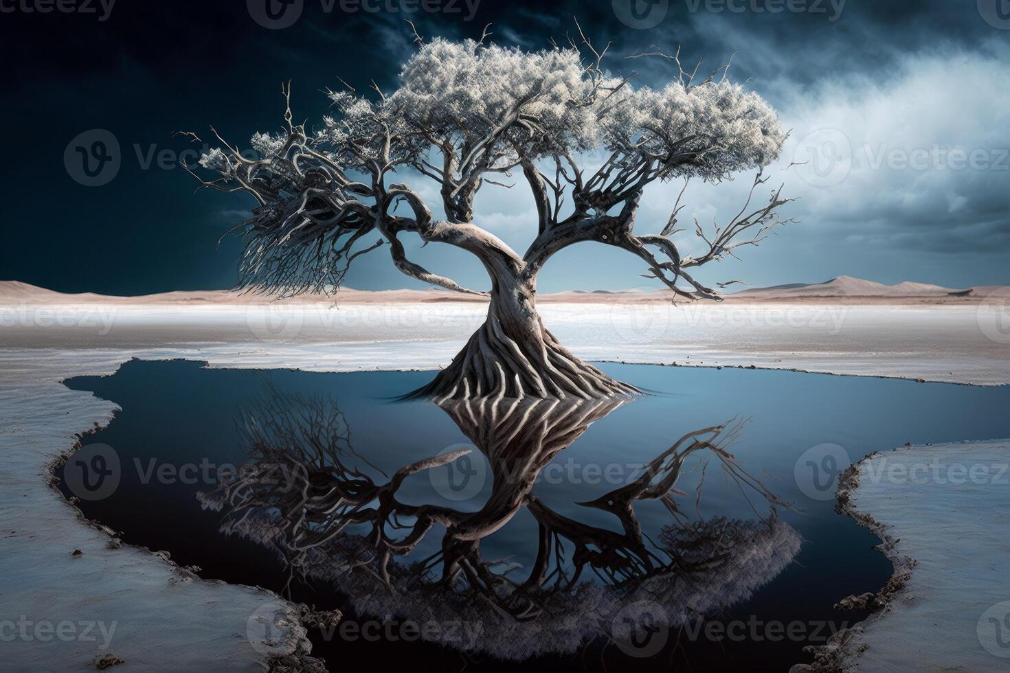 Dark view of tree of life reflected in water photo