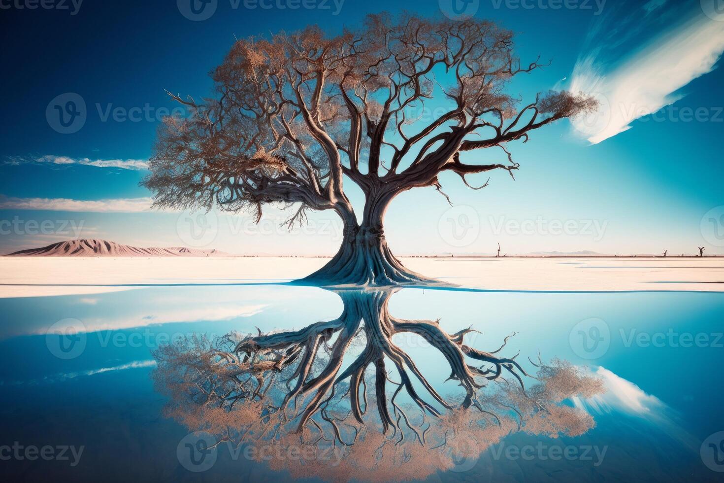 view of tree of life reflected in water photo