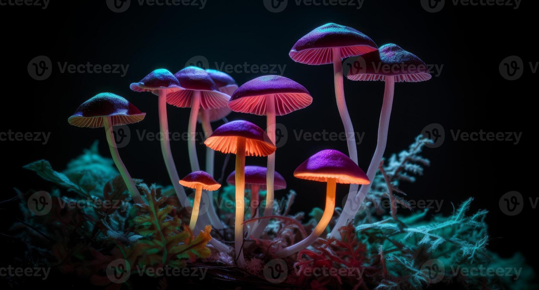 colorful mushrooms growing in the dark background photo