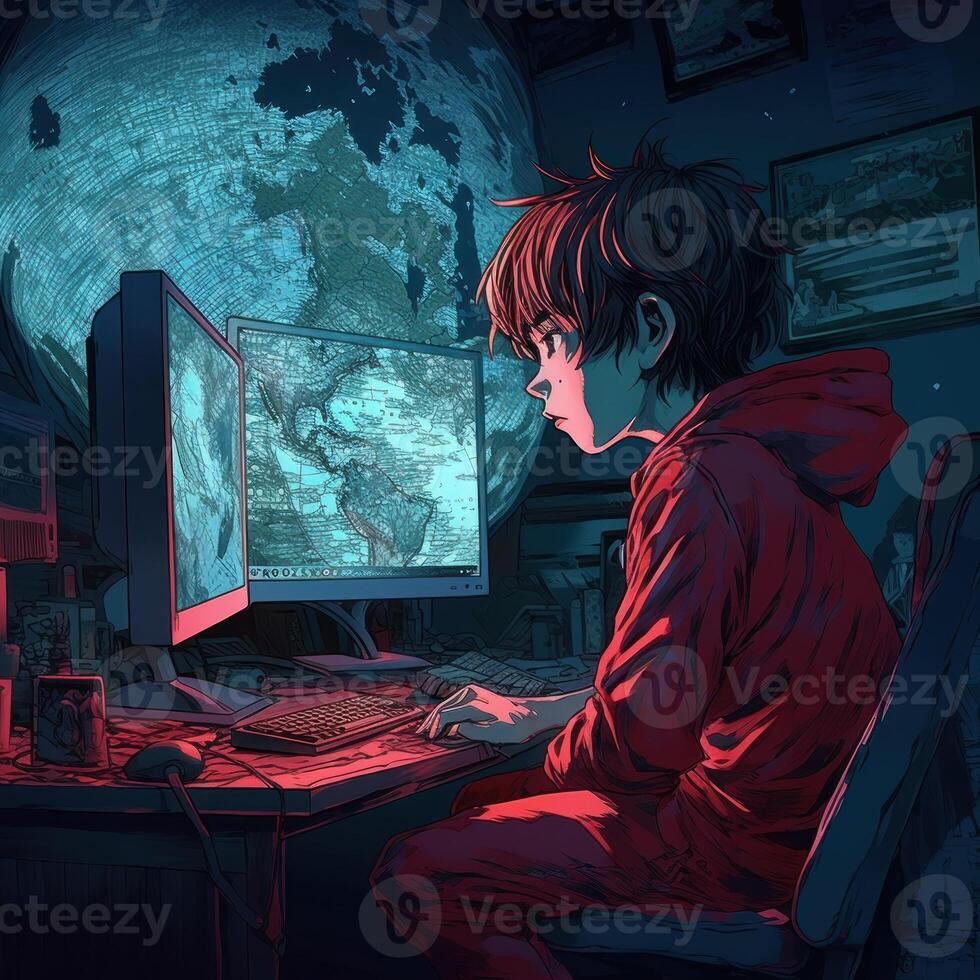 boy on computer with computer screen hd photo