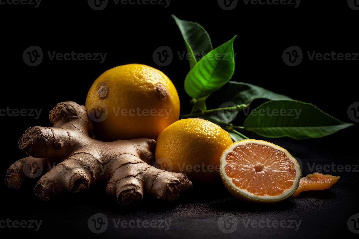 image of ginger and lemon on a black background photo