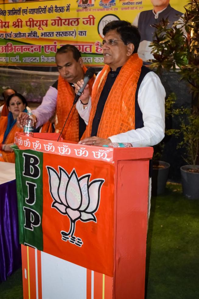 New Delhi, India - November 27 2022 - Piyush Goyal Cabinet Minister and core member of Bharatiya Janata Party - BJP during a rally in support of BJP candidate ahead of MCD local body Elections 2022 photo