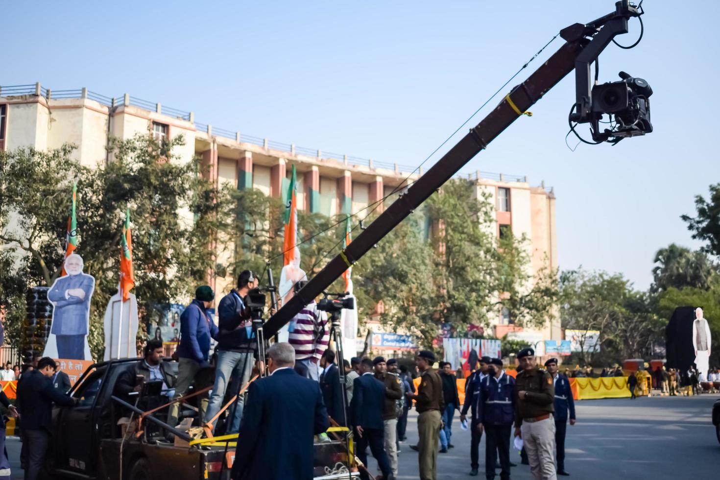 New Delhi, India - January 16 2023 - Thousands of people collected during Prime Minister Narendra Modi BJP road show, people during PM Modi big election rally in the capital photo
