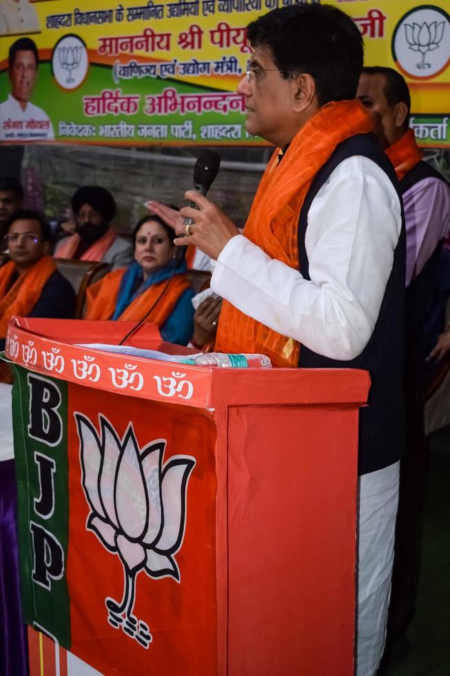 New Delhi, India - November 27 2022 - Piyush Goyal Cabinet Minister and core member of Bharatiya Janata Party - BJP during a rally in support of BJP candidate ahead of MCD local body Elections 2022 photo