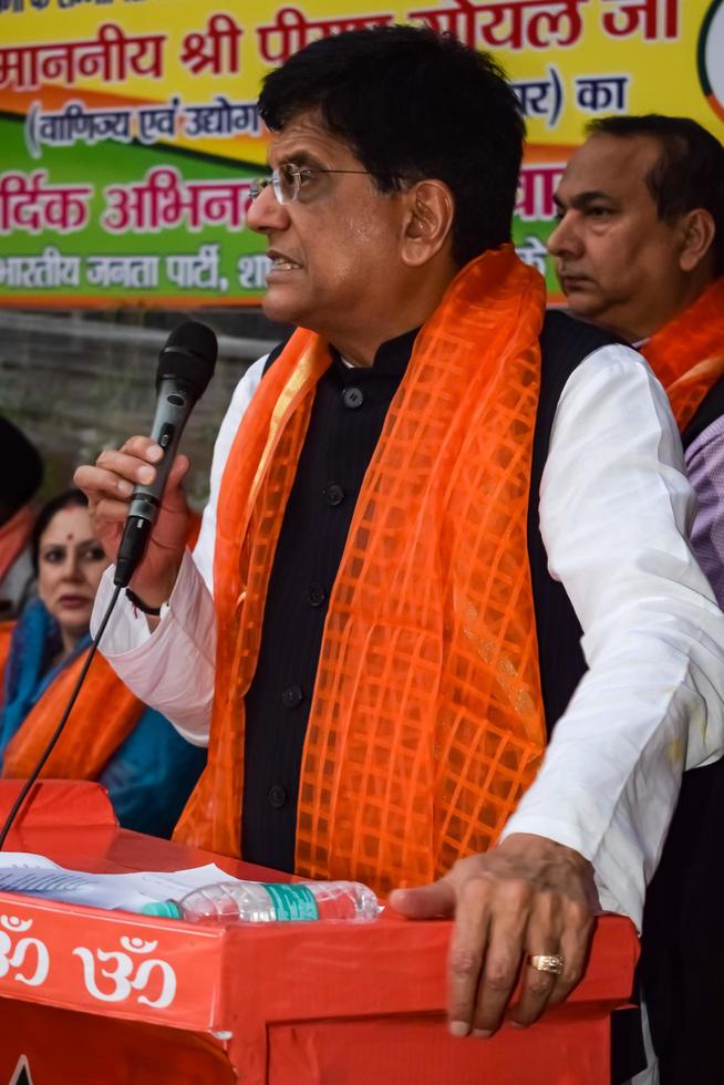 New Delhi, India - November 27 2022 - Piyush Goyal Cabinet Minister and core member of Bharatiya Janata Party - BJP during a rally in support of BJP candidate ahead of MCD local body Elections 2022 photo