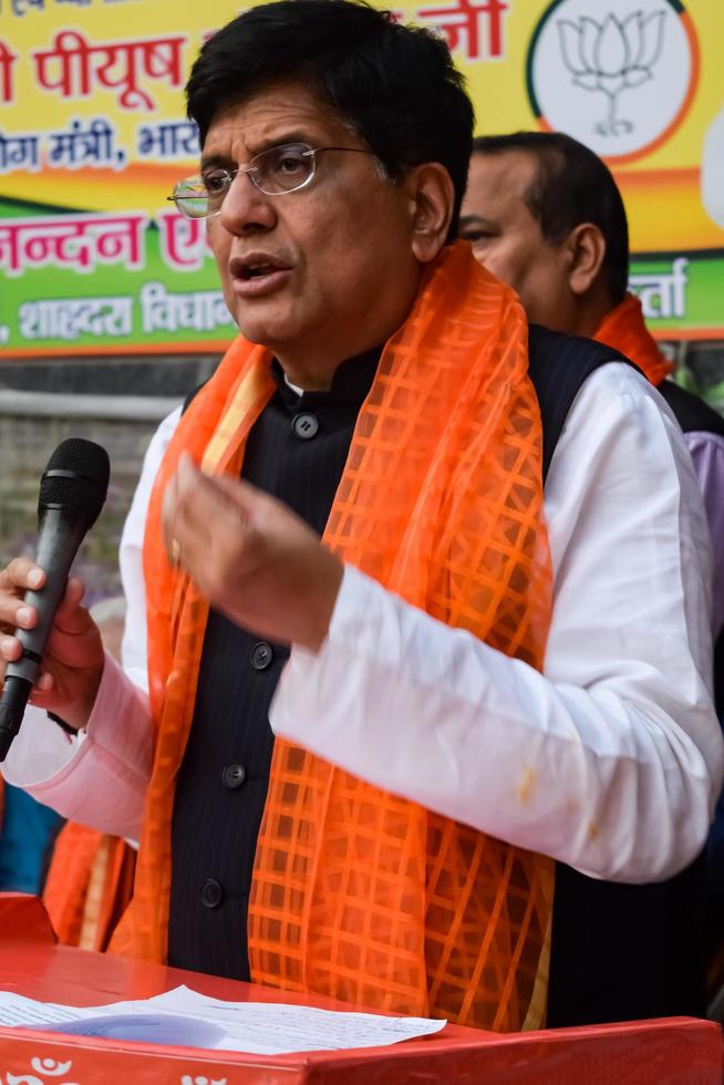 New Delhi, India - November 27 2022 - Piyush Goyal Cabinet Minister and core member of Bharatiya Janata Party - BJP during a rally in support of BJP candidate ahead of MCD local body Elections 2022 photo
