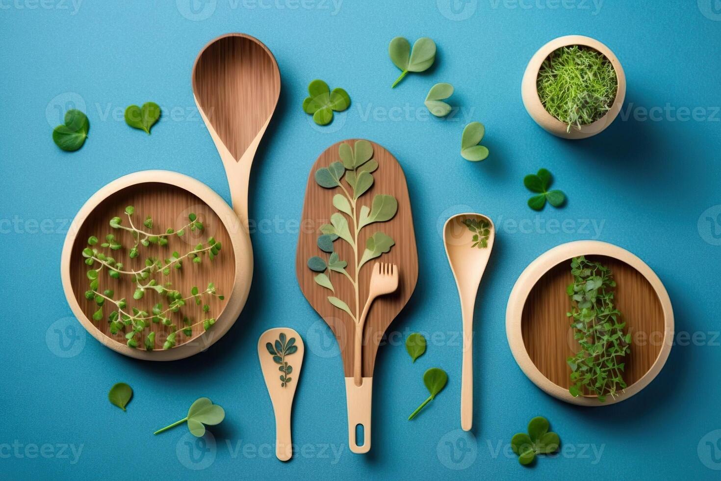 Eco wooden tableware on blue background with microgreens, illustration photo
