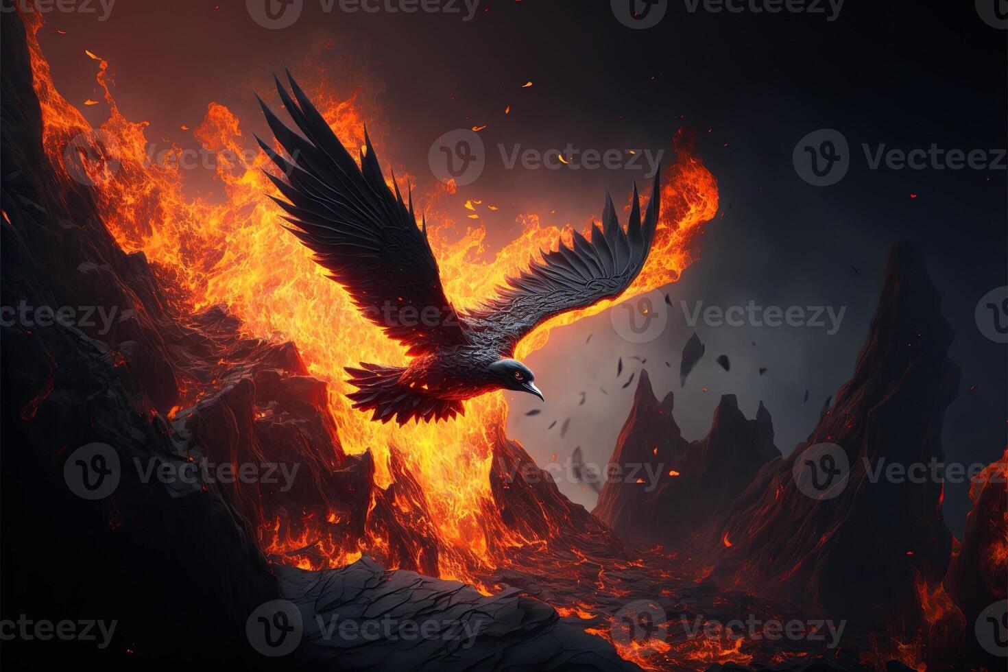 flying burning lava eagle with magma in background photo