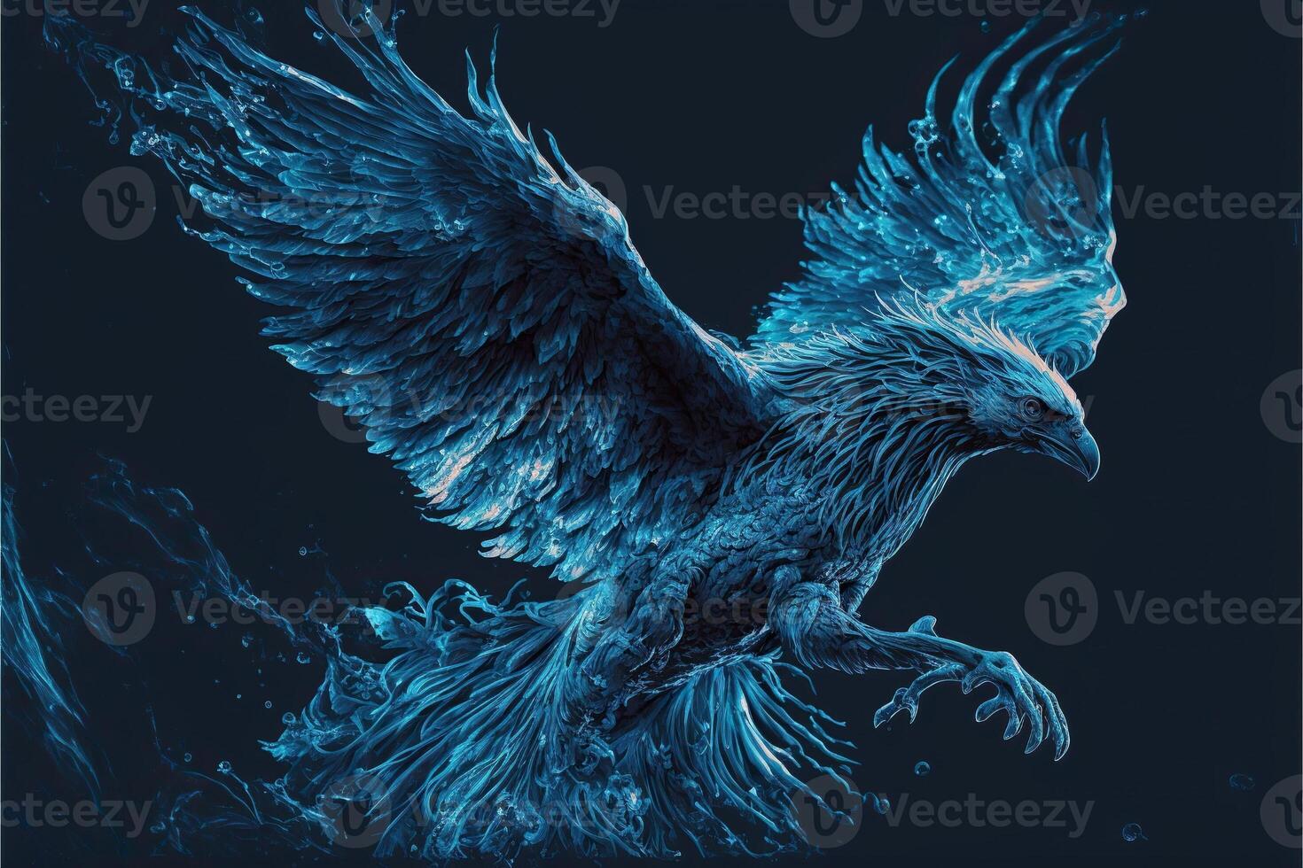 illustration of a glacial phoenix raising from the deep of the ocean, black background photo