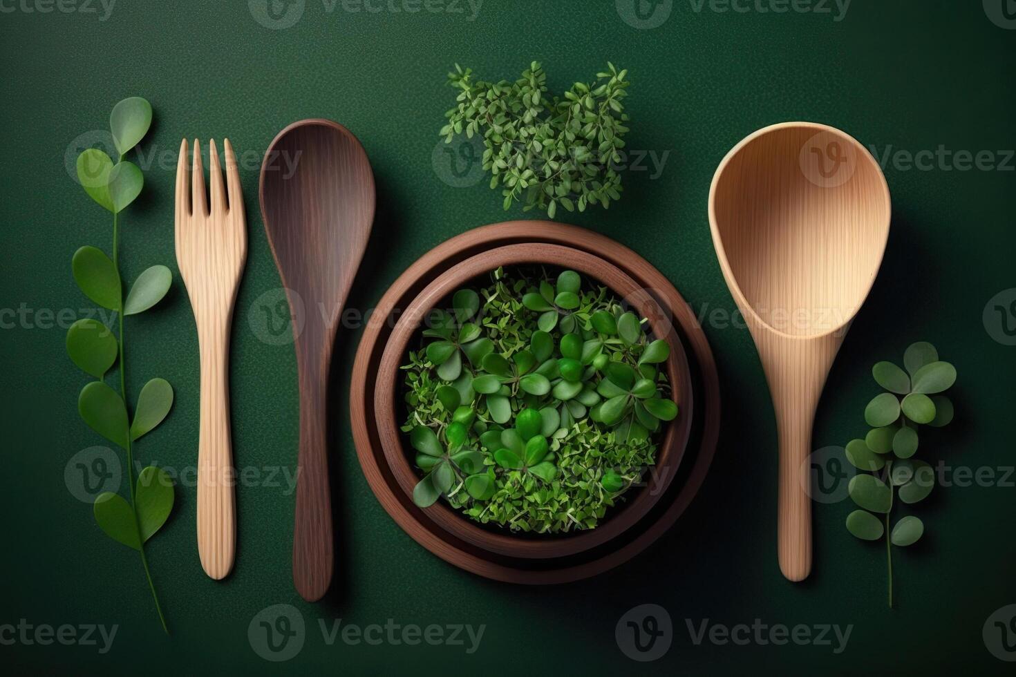 Eco wooden tableware on dark green background with microgreens, illustration photo