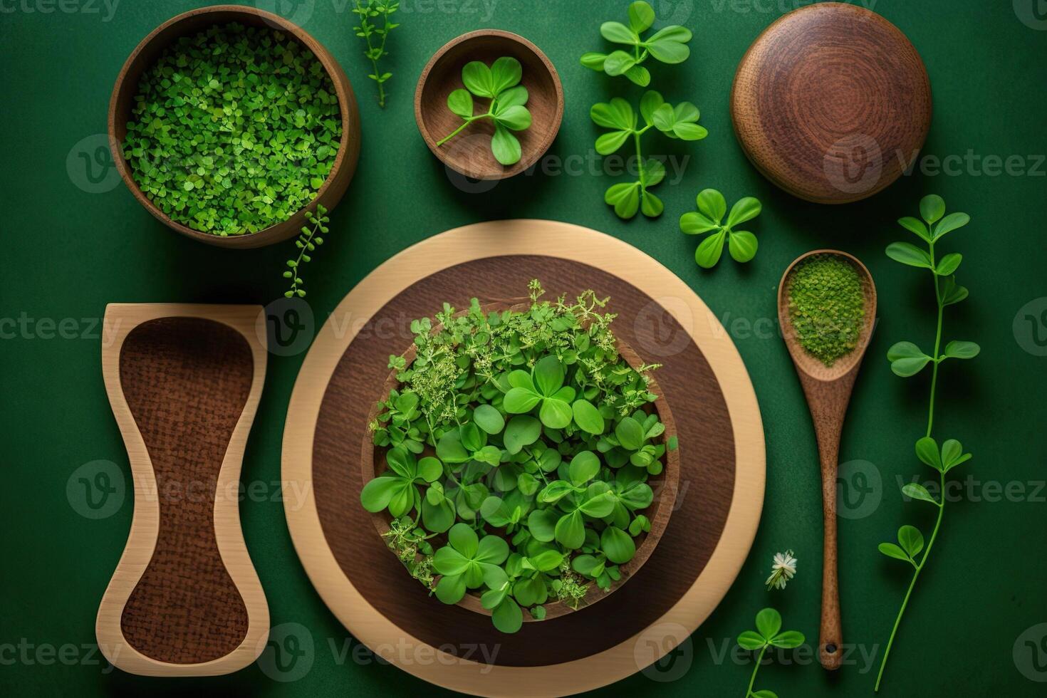 Eco wooden tableware on green background with microgreens, illustration photo