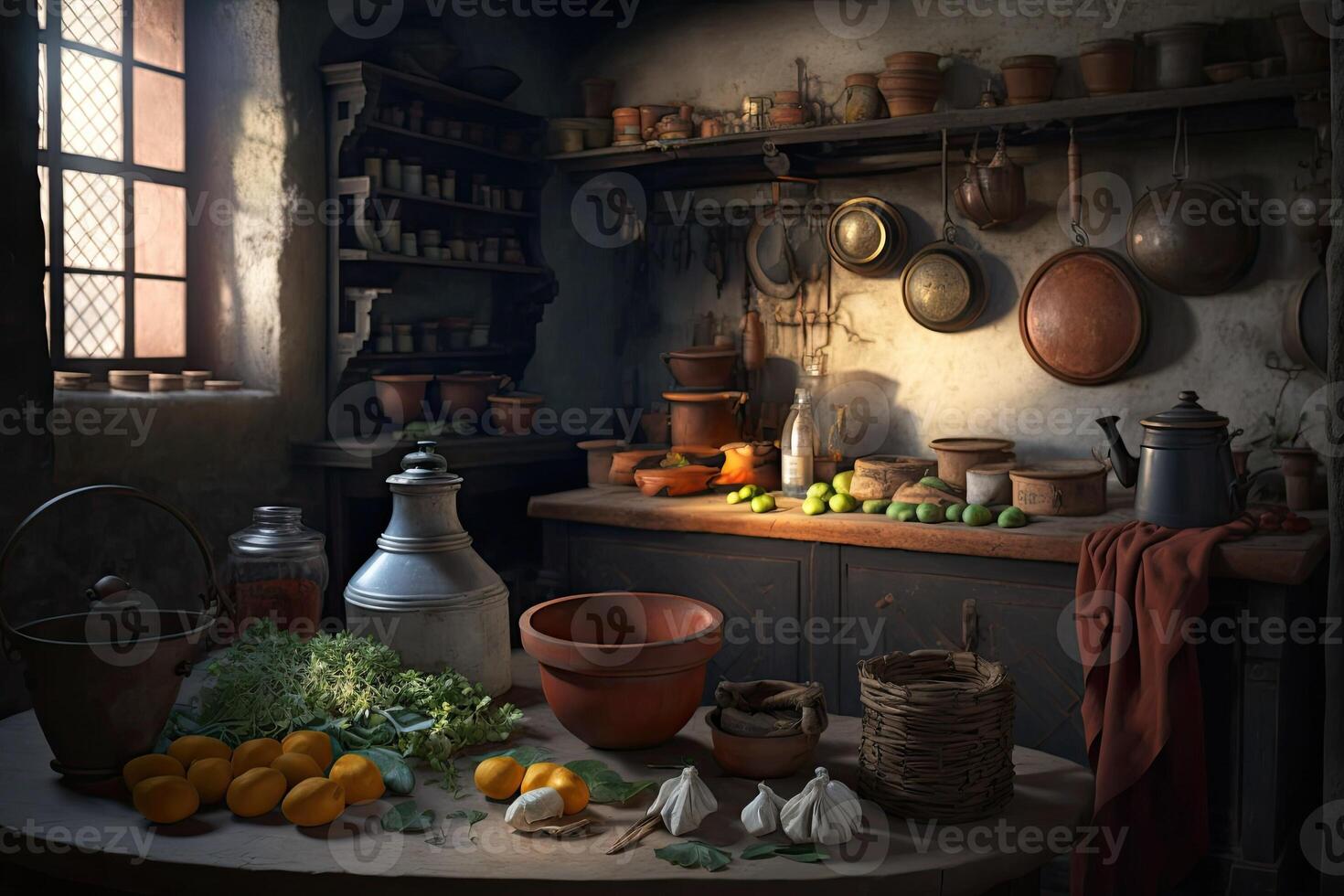 still life of an old kitchen with vegetables and tools, illustration photo