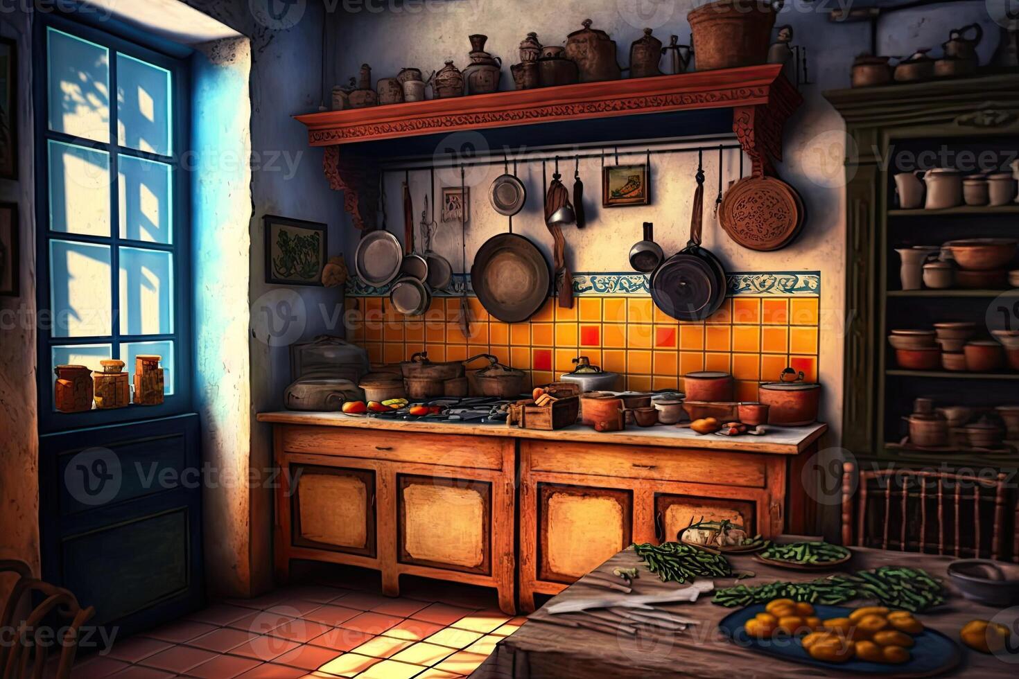 illustration of a kitchen and a fireplace of ancient times, photo
