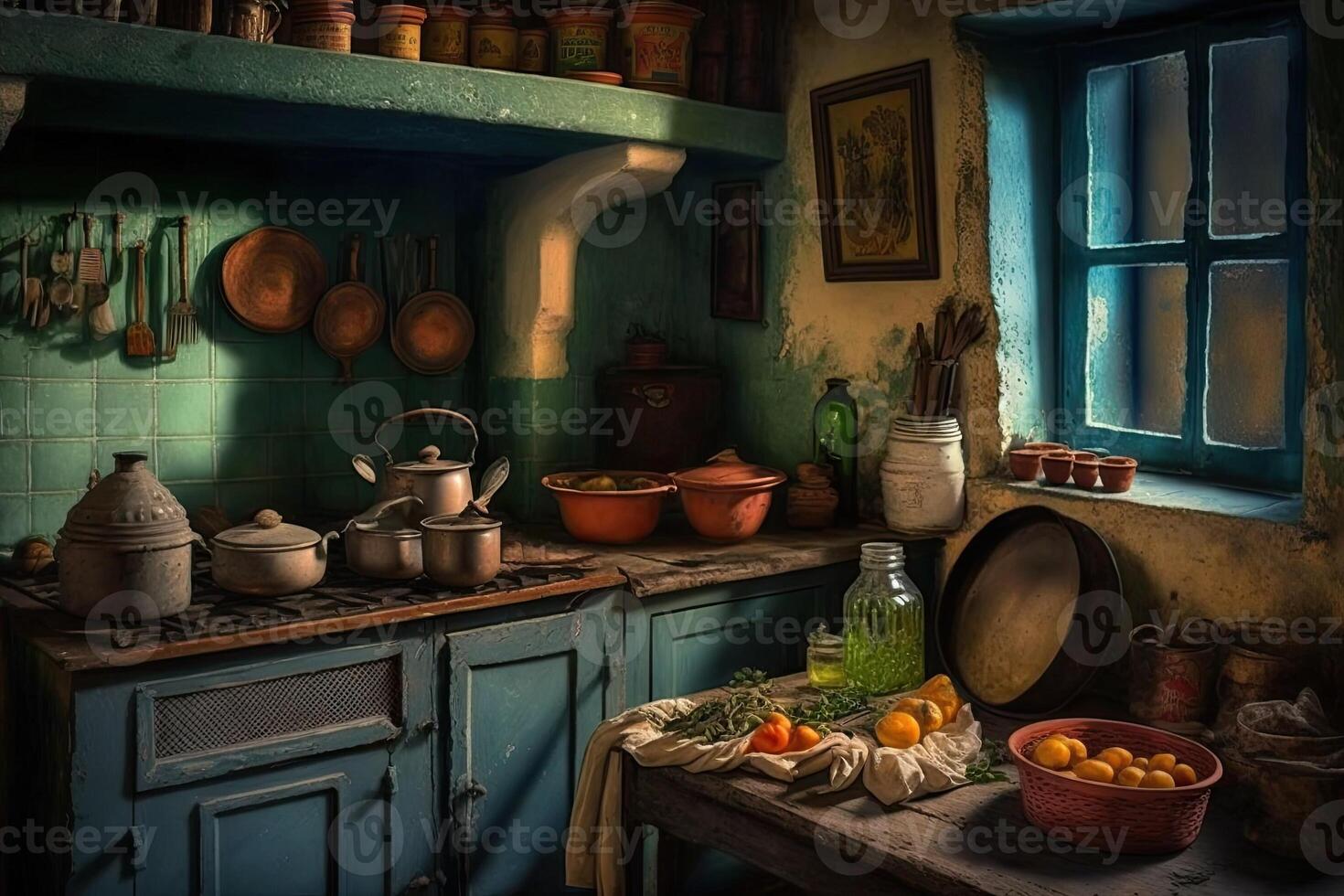 painting of a vintage kitchen table, illustration photo