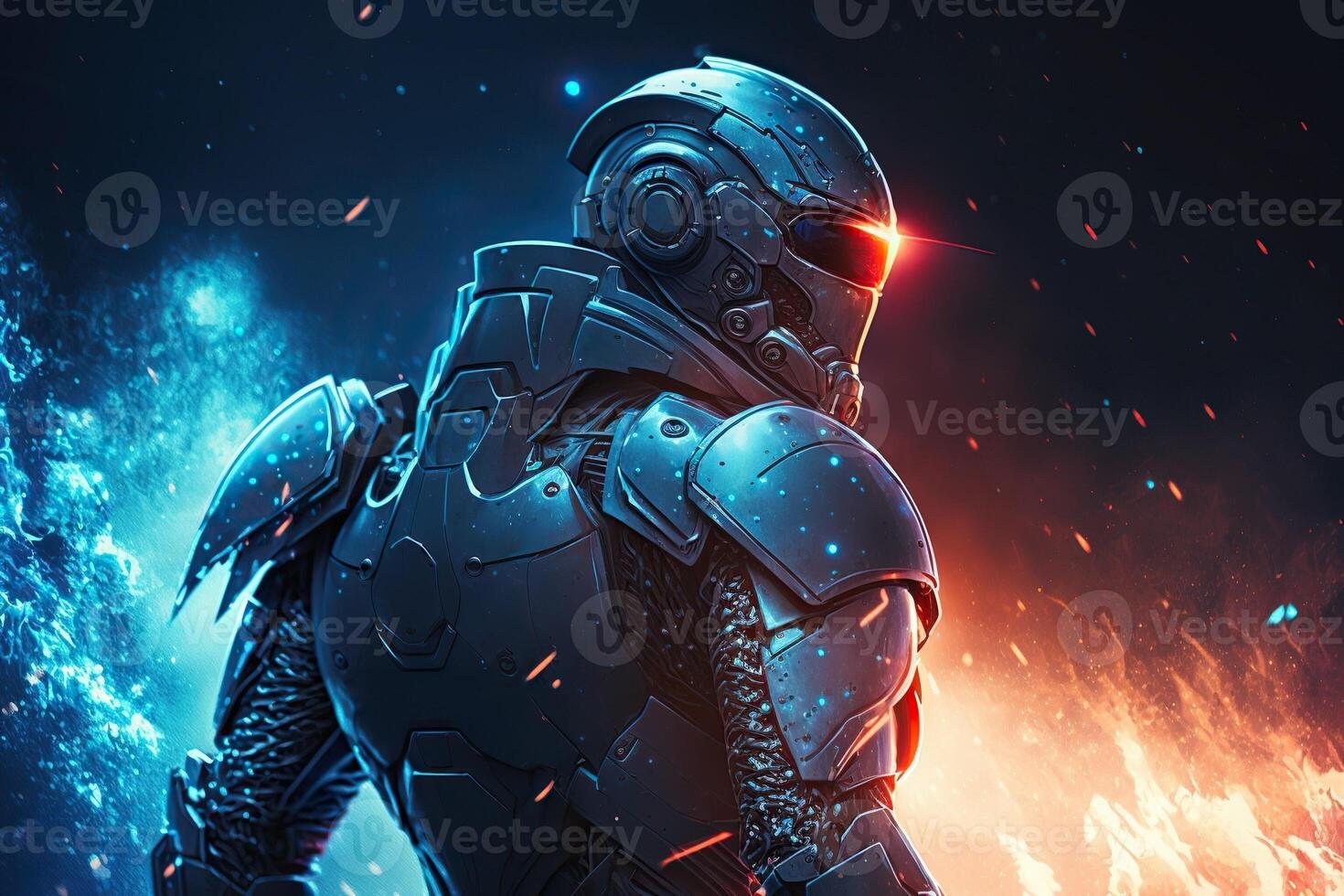 space cop soldier in space, many light in background, illustration photo