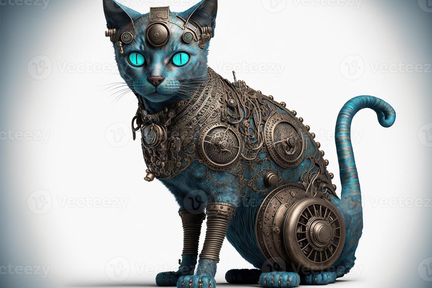a turquoise steampunk cat with many gears looking forward, white background illustration photo