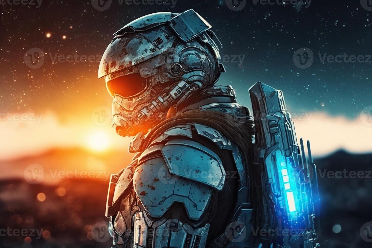 fierce space soldier in space, many light in background, illustration photo