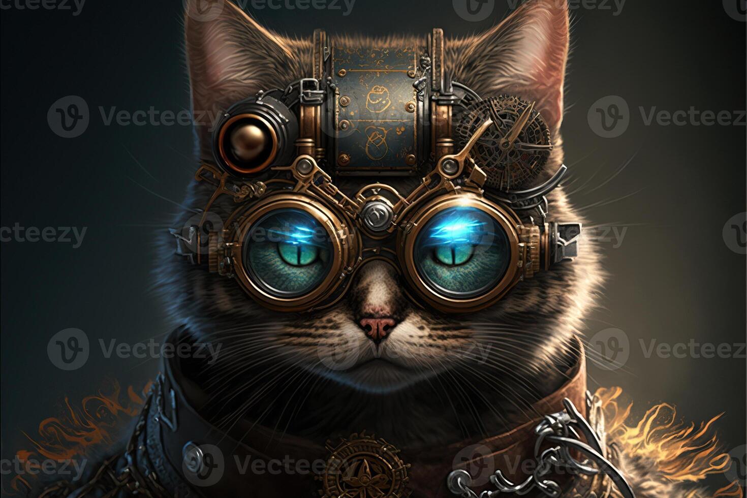a steampunk cat soldier with glasses looking forward, brownish background illustration photo