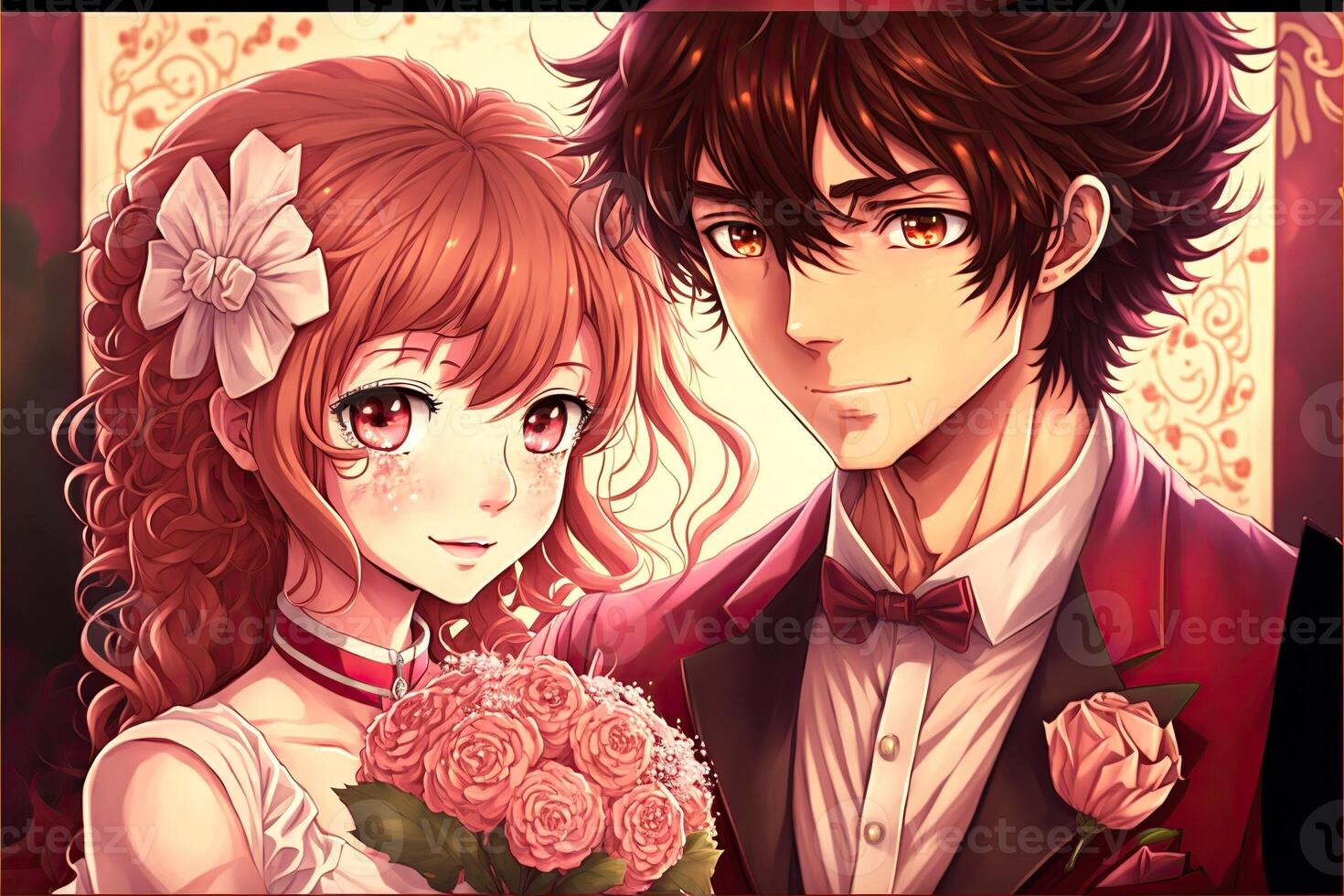 ilustración de un joven anime Pareja en San Valentín día es abrazando y participación un ramo, gala vestidos ai generado foto