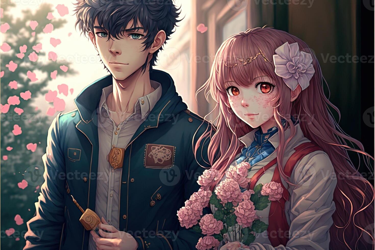 ilustración de un joven anime Pareja con un ramo de flores en San Valentín día, casual vestidos ai generado foto