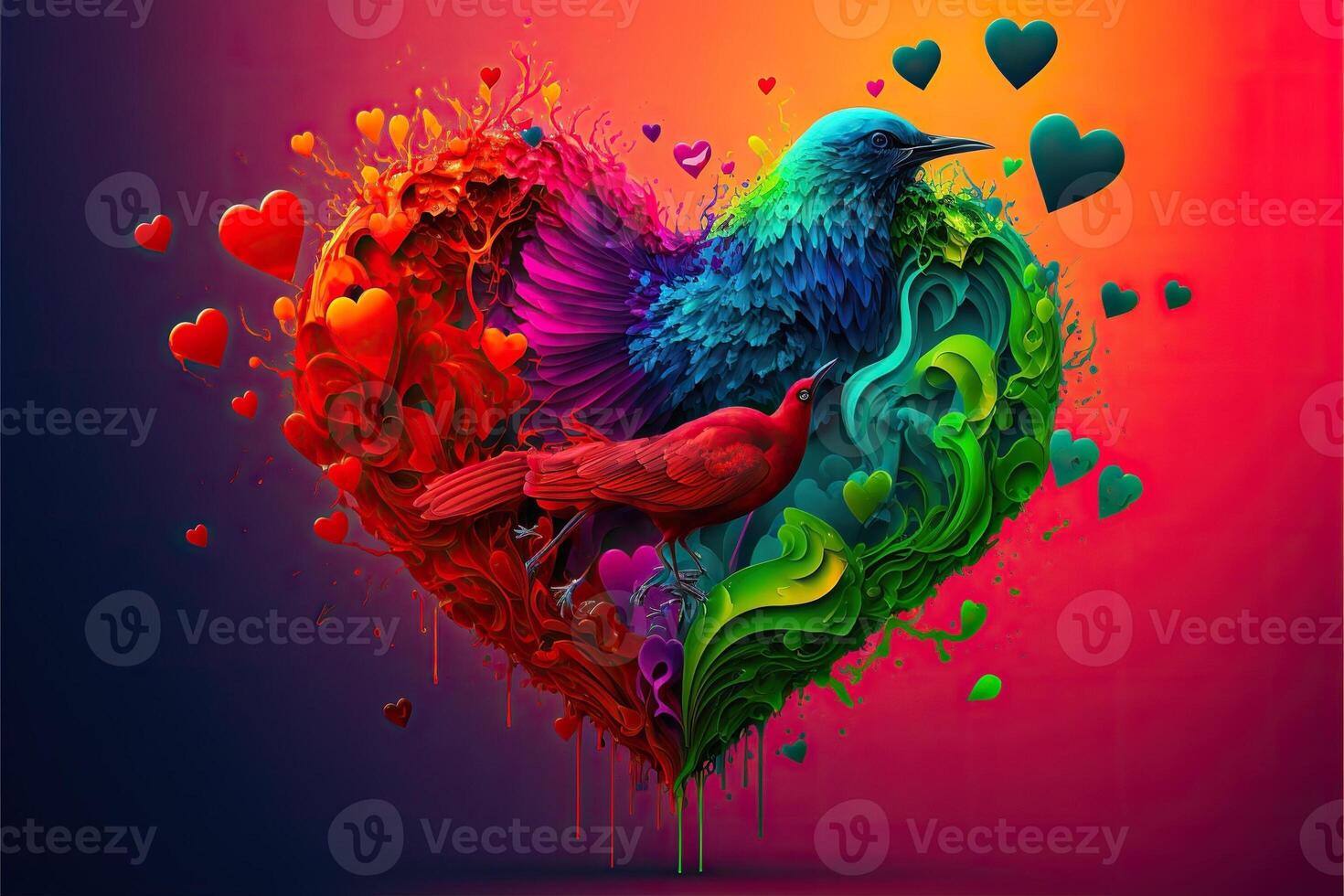 colorful valentine's day abstact illustration with hearts and birds photo