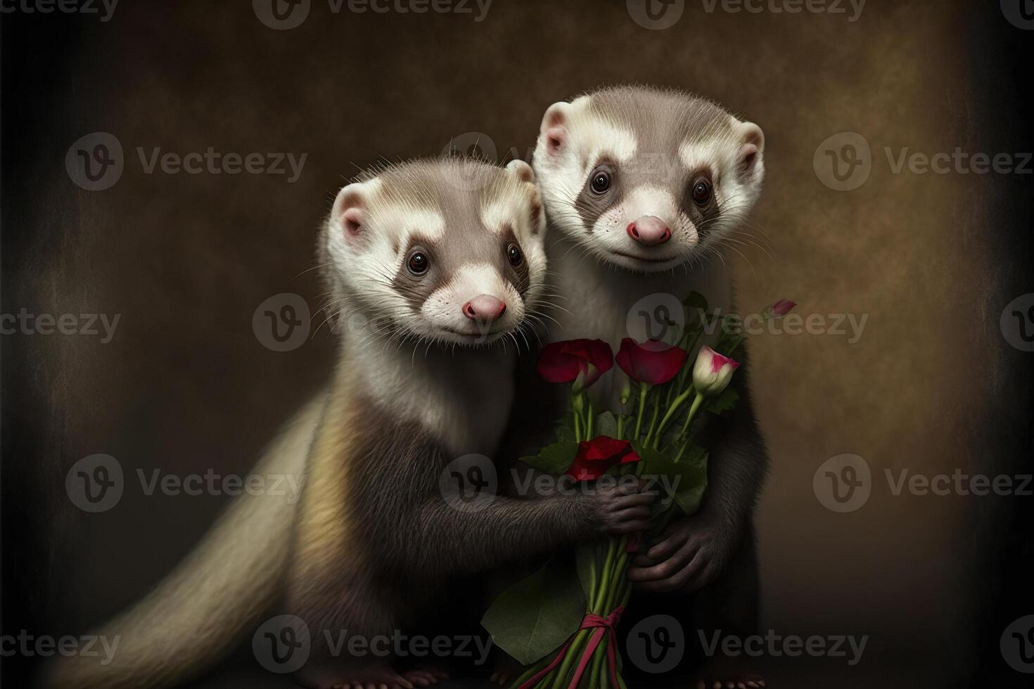 illustration of two ferrets in love hugging each other, with flowers, valentine's day photo