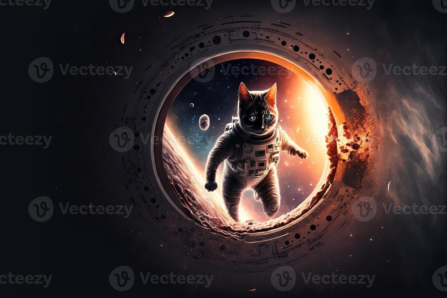 A Space Cat with a space suit entering in a luminous spaceship hole with planets and star in background llustration photo