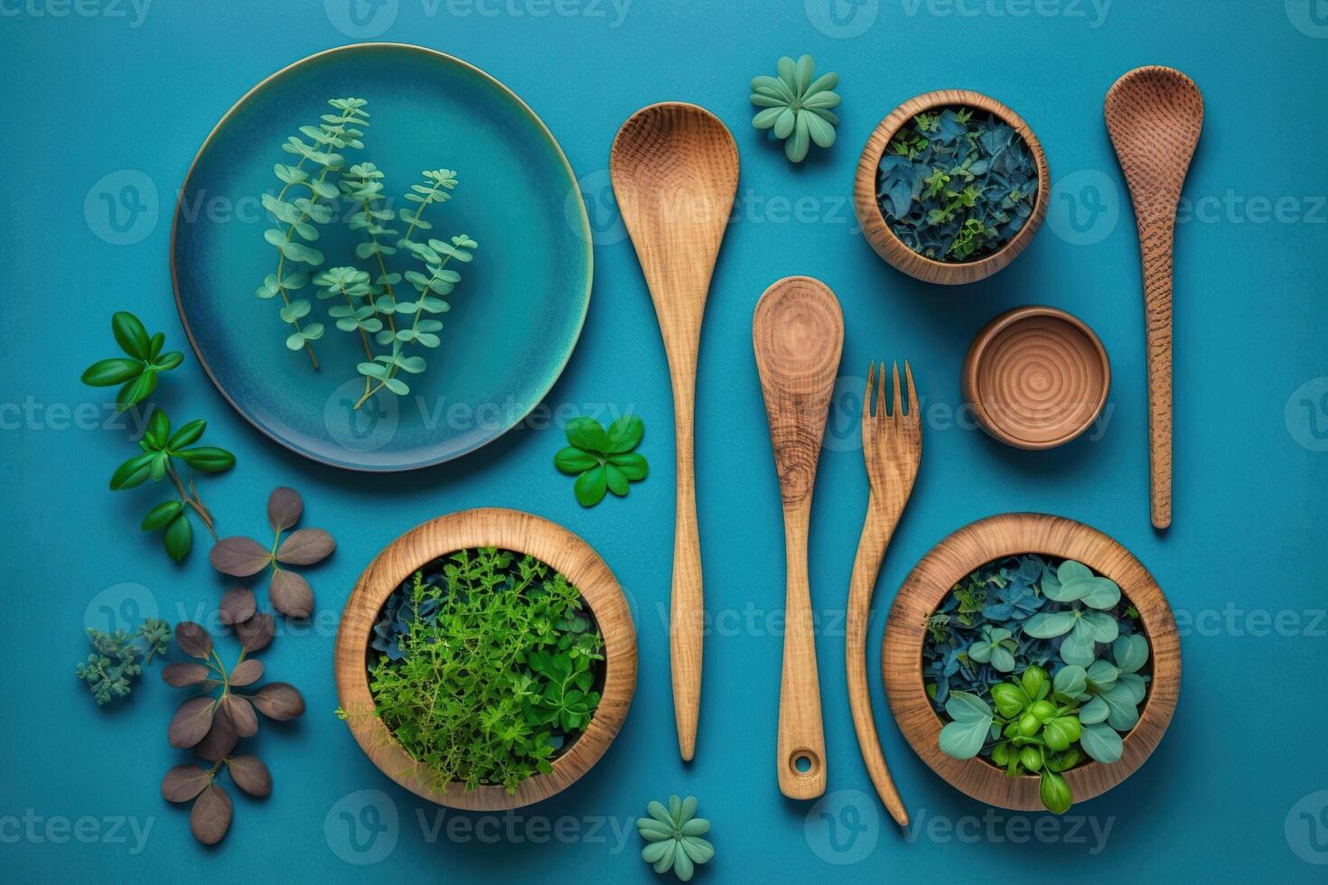 wooden tableware on azure background with microgreens, illustration photo