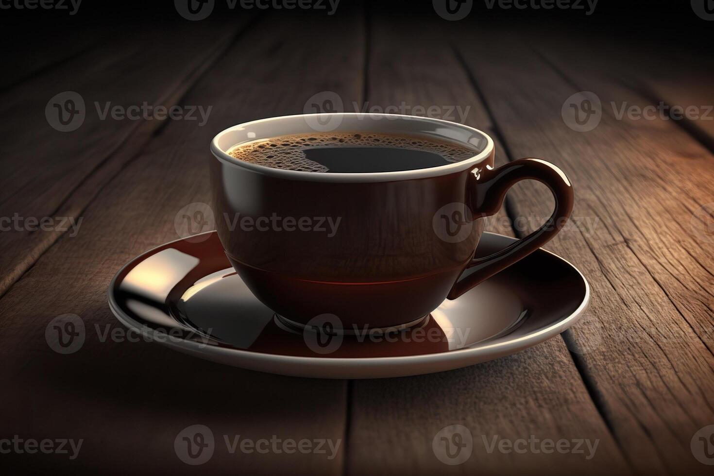 ilustración de un italiano pequeño taza de Café exprés café en un de madera mesa, ai generado foto