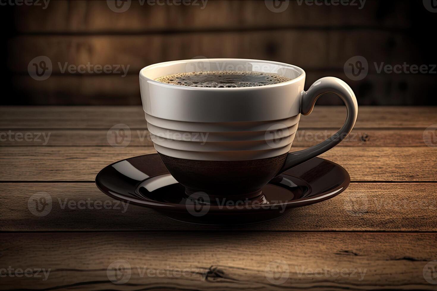illustration of a metal little cup of espresso coffee with horizontal lines on a wooden table, photo